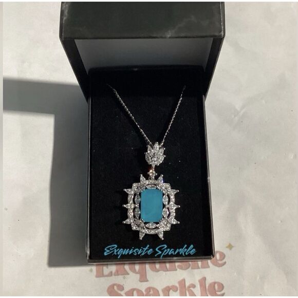 Lab Created  Paraiba Tourmaline &Zircon vintage inspired silver Pendant necklace - Picture 3 of 16